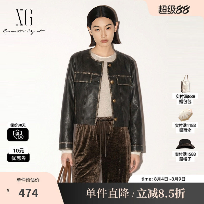 XG/雪歌 XK307714A809黑色复古做旧圆领长袖皮质短外套直筒休闲女