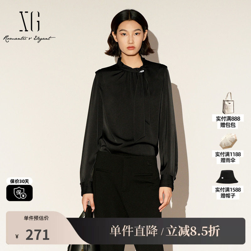 XG/雪歌XL121007A190黑色立领长袖衬衫2026春季新款飘带上衣女装