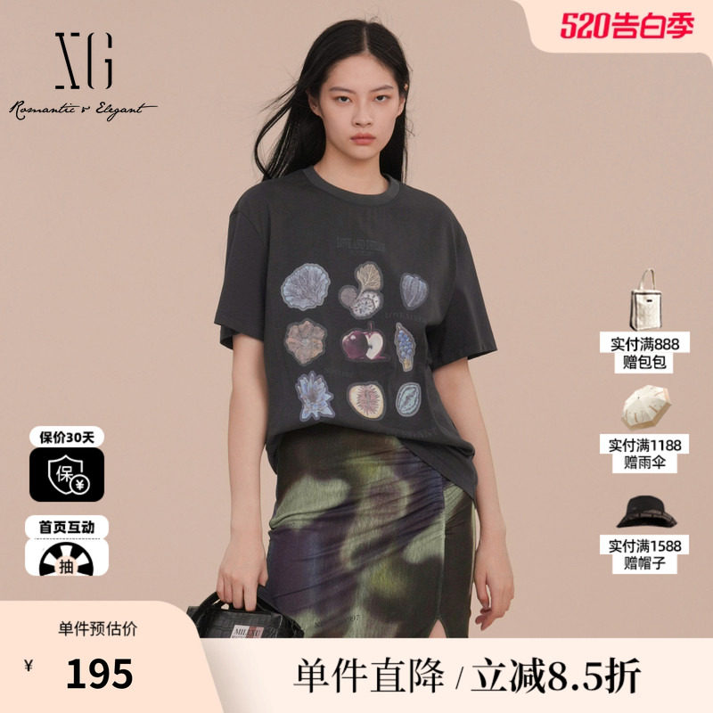 XG/雪歌XK101009A583深灰色印花短袖T恤2025春季新款纯棉上衣女装
