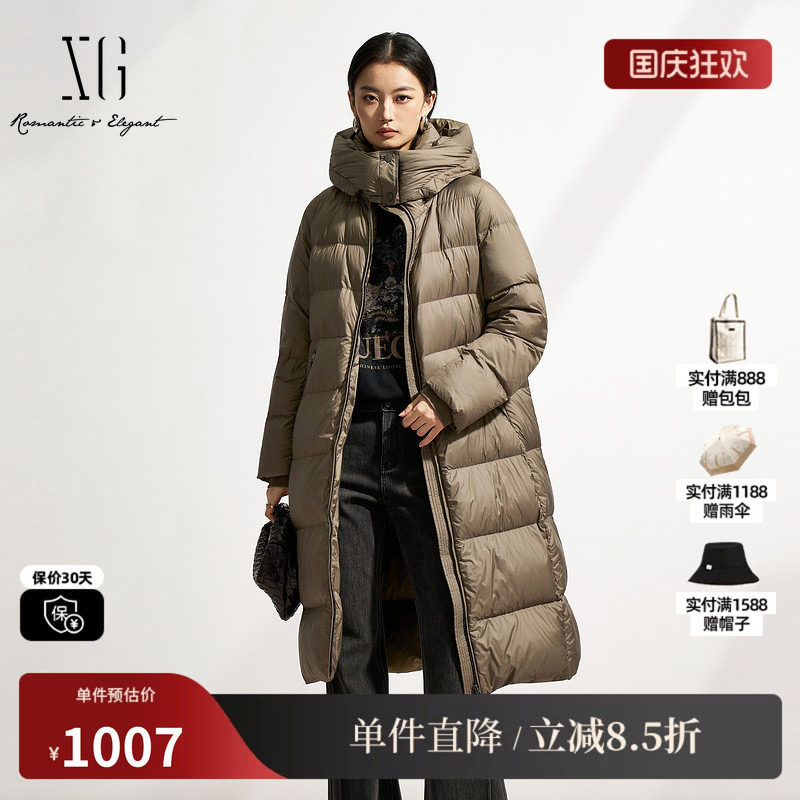 XG/雪歌XK406010A643长款天鹅绒羽绒服2025冬季新款连帽外套女装