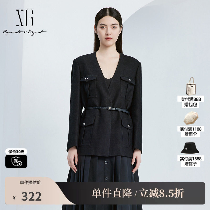 XG/雪歌XJ307018A590翻袋长袖西装时尚秋季新款黑色通勤V领外套女