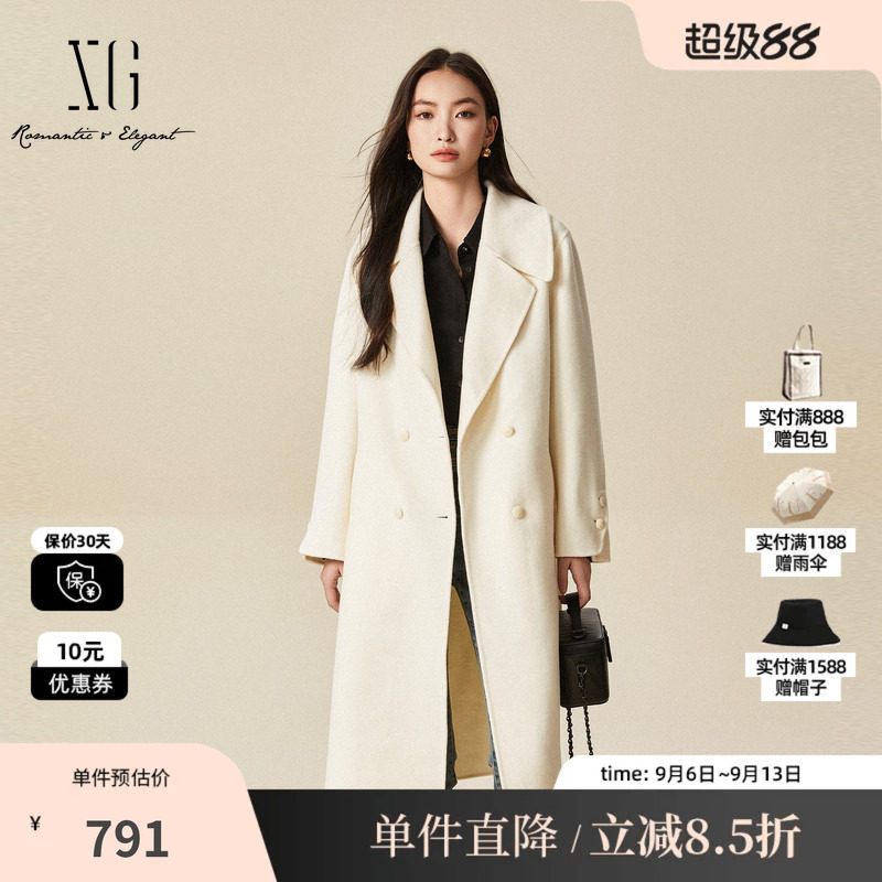 XG/雪歌XJ410035A191米白色毛呢外套时尚冬季新款纯绵羊毛大衣女
