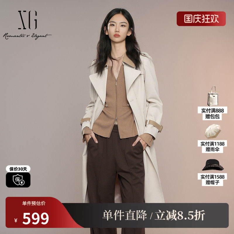 XG雪歌XK308004A460浅米色中长款风衣2025秋季新款长袖翻领外套女