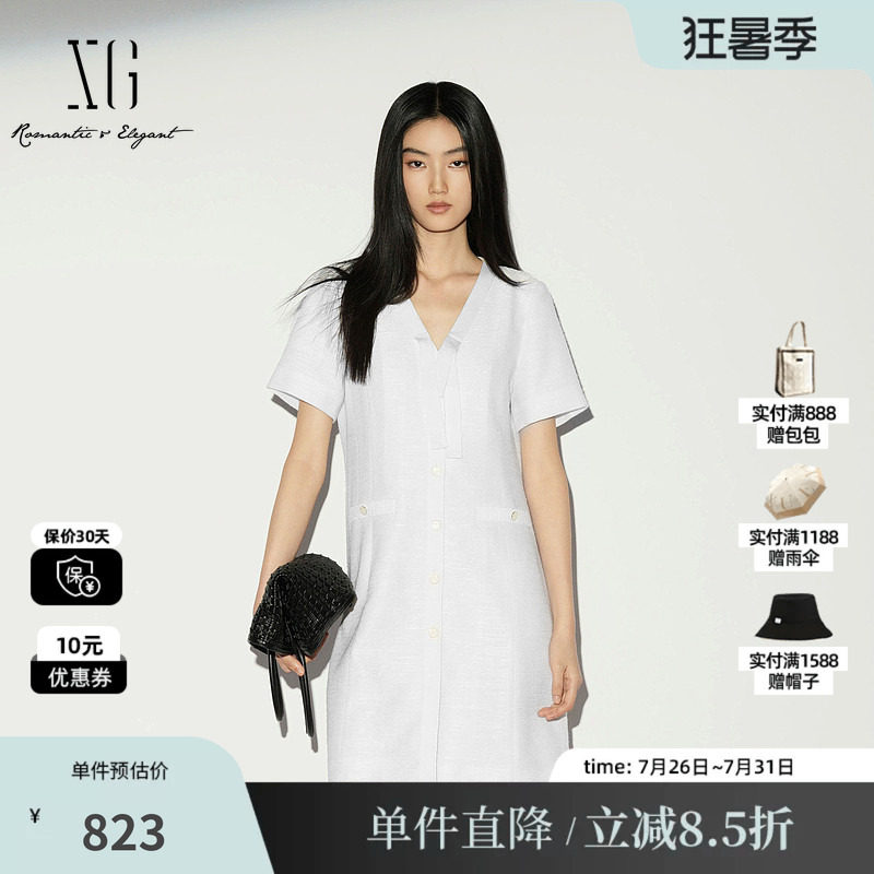 XG/雪歌XL204024A251白色V领飘带短袖连衣裙收腰简约直筒中裙女装