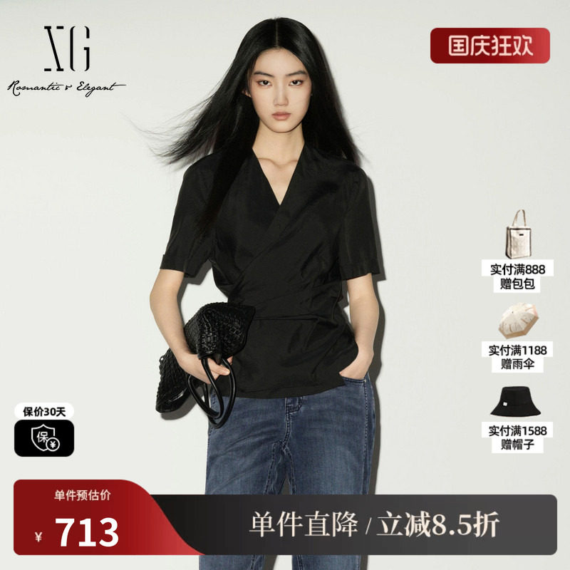 XG/雪歌XL221034A590黑色桑蚕丝收腰短袖衬衫薄款V领绑带上衣女装