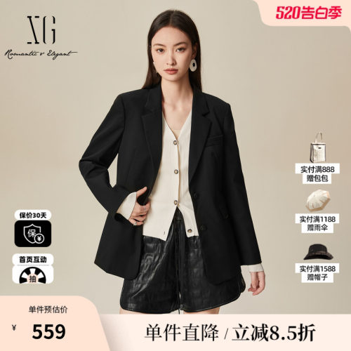 XG/雪歌XK107014A290 黑色通勤长袖休闲西装翻领羊毛混纺外套女装
