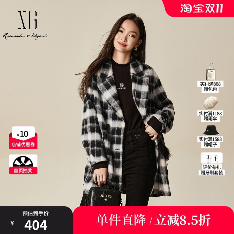 XG/雪歌XJ410036B495 黑白格纹毛呢外套中长款通勤羊毛混纺大衣女