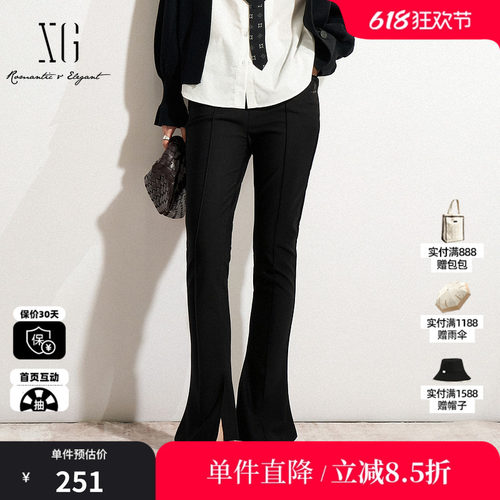 XG雪歌XK102005A190淑女风休闲裤2025春季新款黑色高腰微喇长裤女