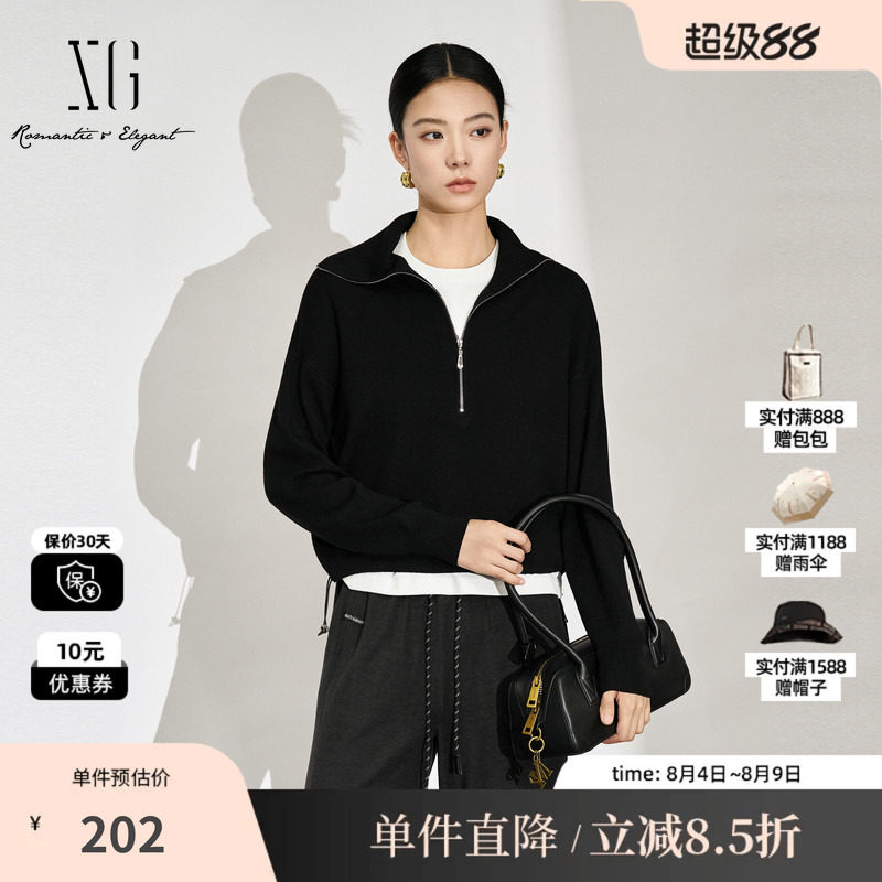 XG/雪歌XL311589A890 黑拉链翻领长袖毛针织衫短款直筒宽松毛衫女