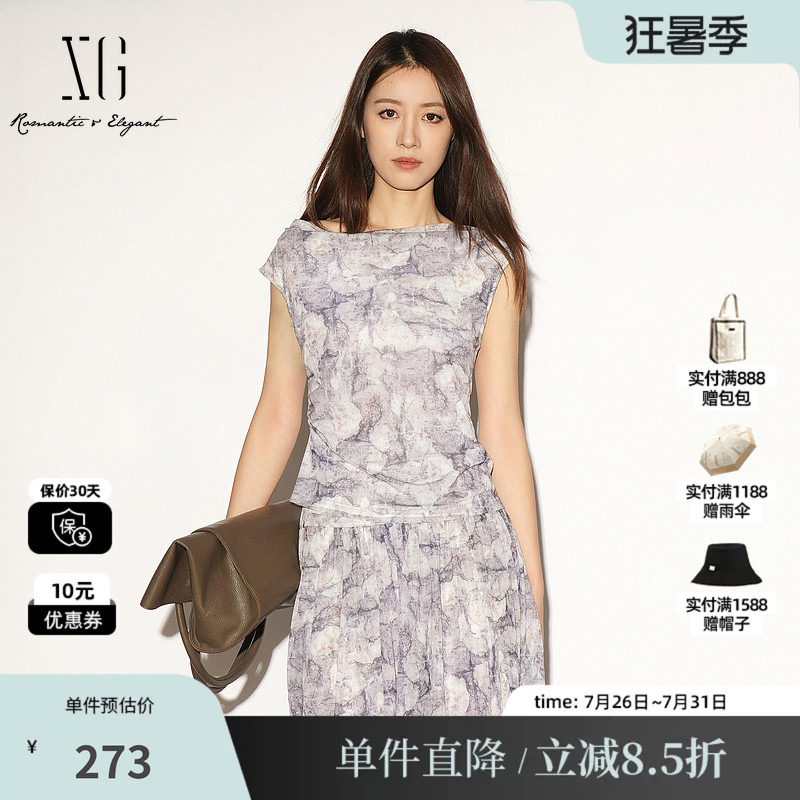 XG/雪歌XL201034BE96花版荡领无袖T恤印花修身不规则薄款上衣女装