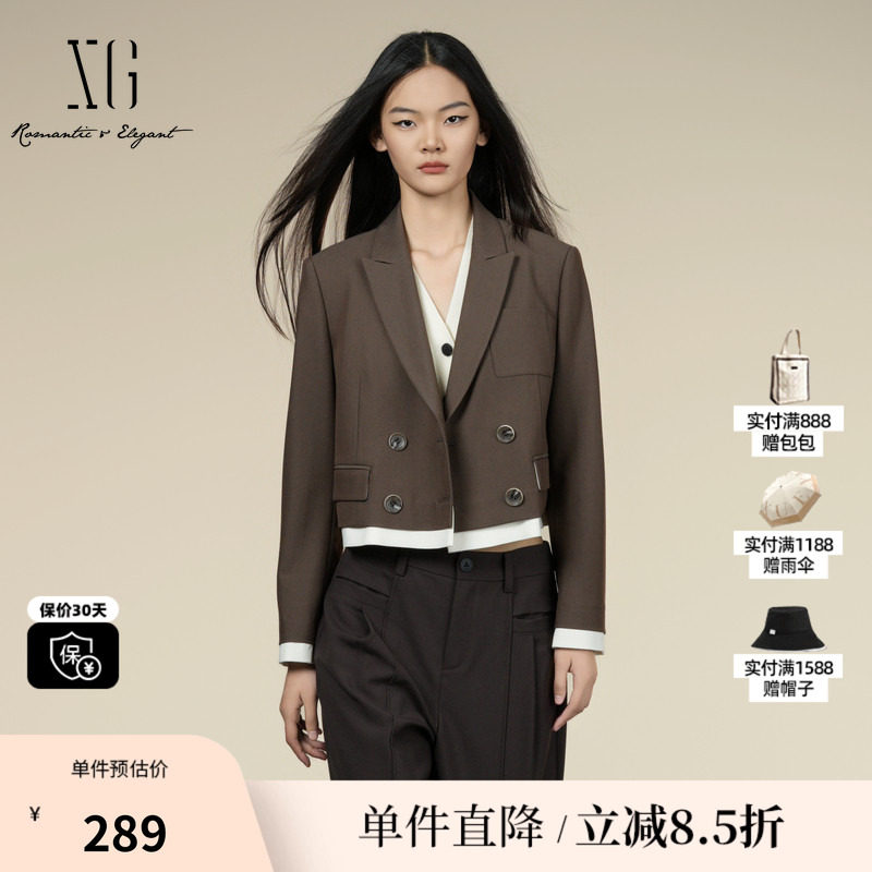 XG/雪歌XK307029A574棕色休闲西装2025秋季新款短款西装外套女装