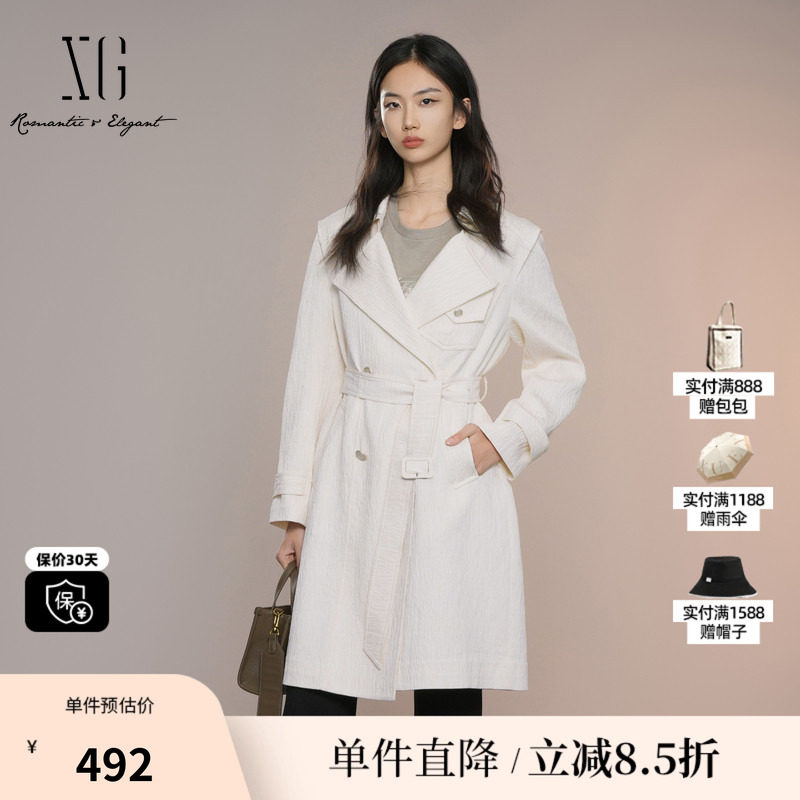 XG雪歌XK308013A491米白色中长款风衣2025秋季新款翻领长袖外套女