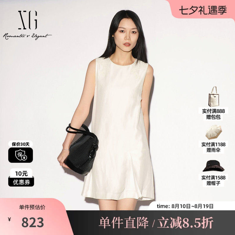 XG/雪歌XL204036A651白色醋纤无袖连衣裙圆领刺绣直筒A字中裙女装
