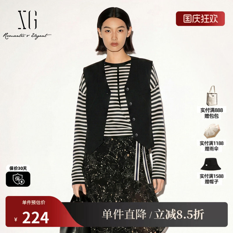 XG/雪歌XK324721A890黑色V领单排扣西装马夹直筒休闲通勤外套女装