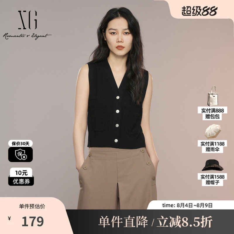 XG/雪歌XK311009A190黑色V领无袖针织马夹背心直筒修身内搭马甲女
