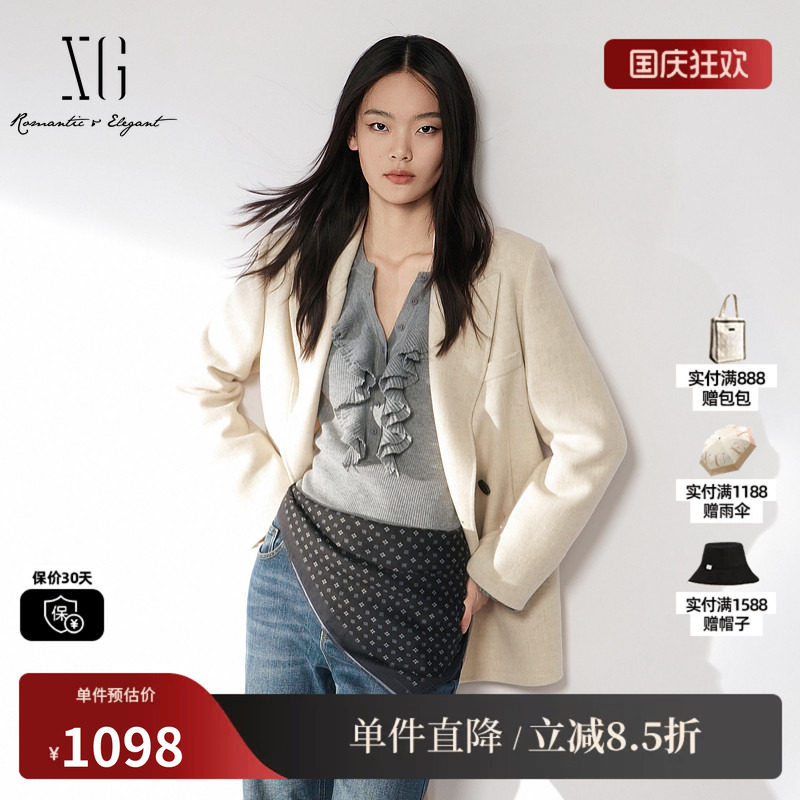 XG/雪歌 XL410006A191米白色100%绵羊毛翻领西装毛呢外套厚大衣女