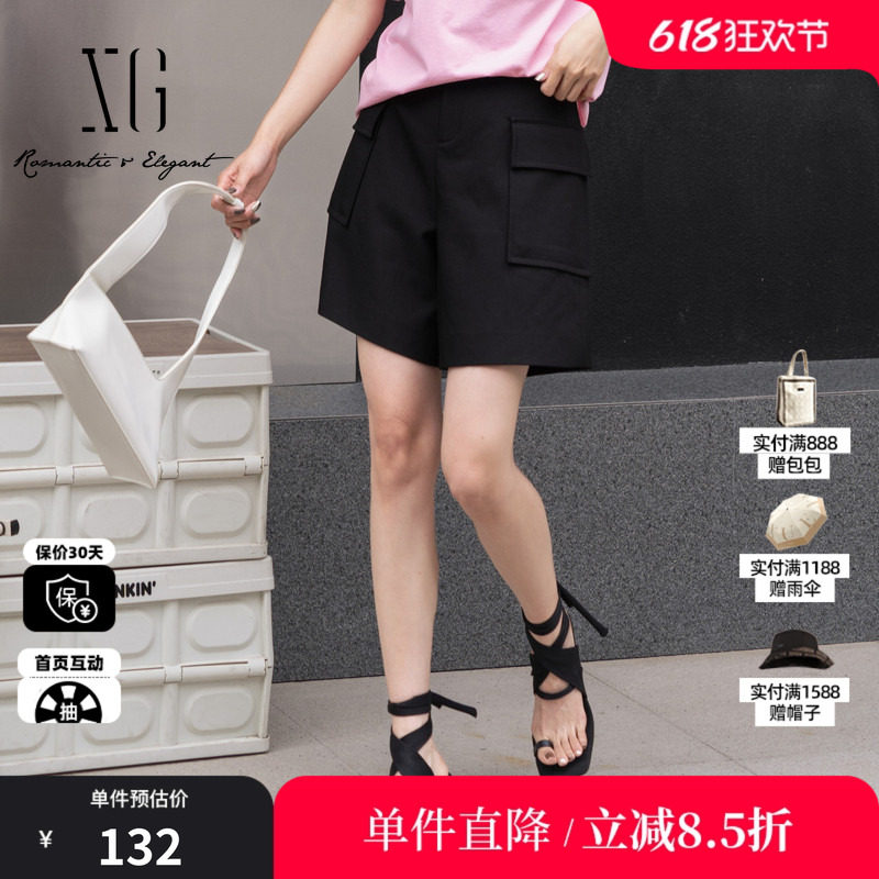 XG/雪歌XJ202062A990黑色工装休闲裤时尚夏季新款高腰直筒短裤女