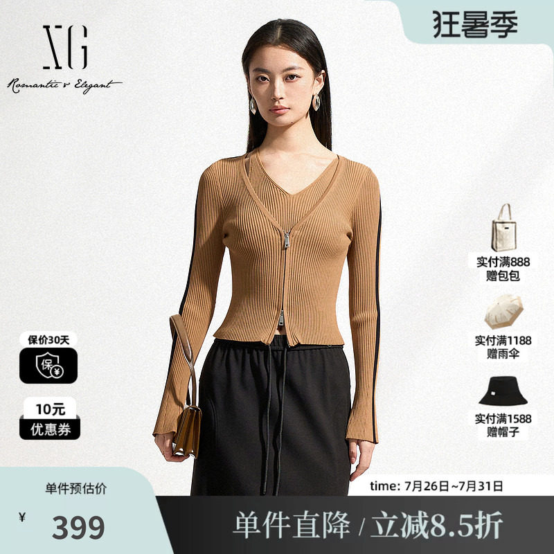 XG/雪歌XK111505A873 黑咖色假两件针织衫修身显瘦套头长袖毛衣女