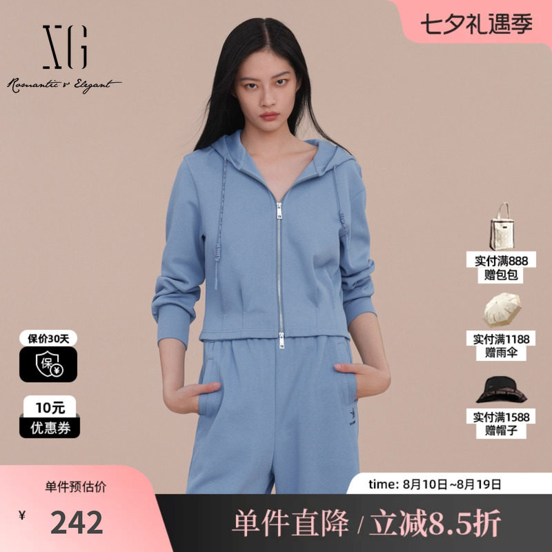 XG/雪歌XK107020A327 棉感连帽卫衣外套拉链休闲运动蓝色短外套女