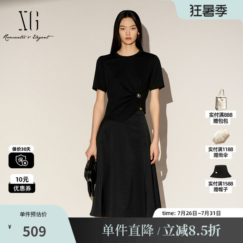 XG/雪歌XL104018A590黑色圆领T恤拼接连衣裙短袖显瘦中长伞裙女装