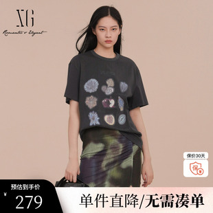纯棉上衣女装 新款 雪歌XK101009A583深灰色印花短袖 T恤2025春季