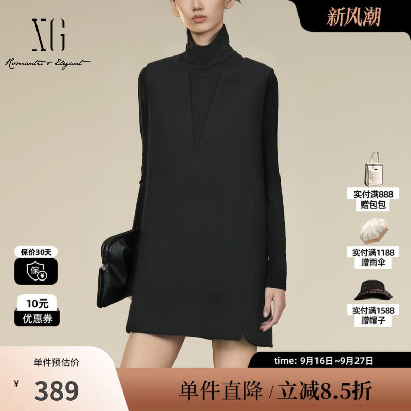 XG/雪歌XK404001A590 中长款黑长袖连衣裙厚款无袖羊毛混纺直筒女