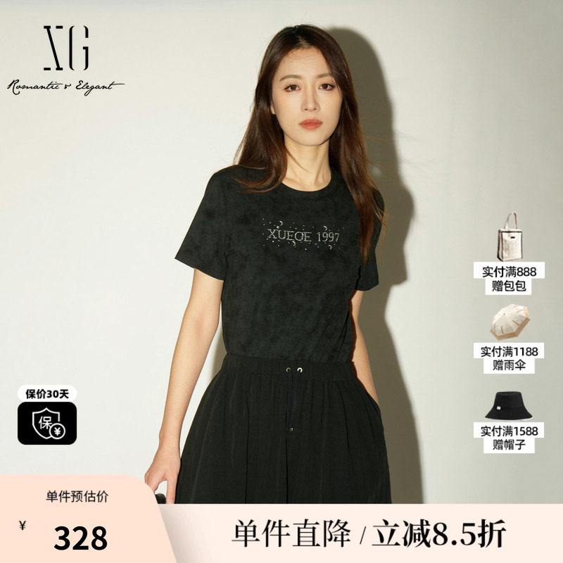 XG/雪歌XL201029A990黑色莱赛尔短袖T恤字母薄款简约通勤休闲女装