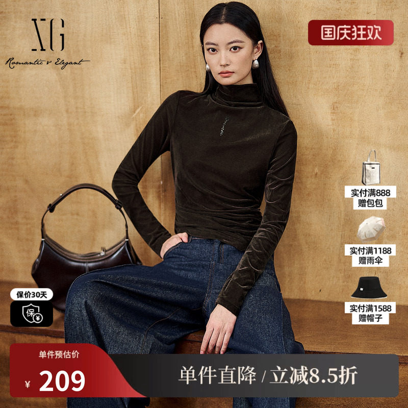 XG/雪歌XK401011A172深咖色长袖T恤2025冬季新款绒光高领上衣女装
