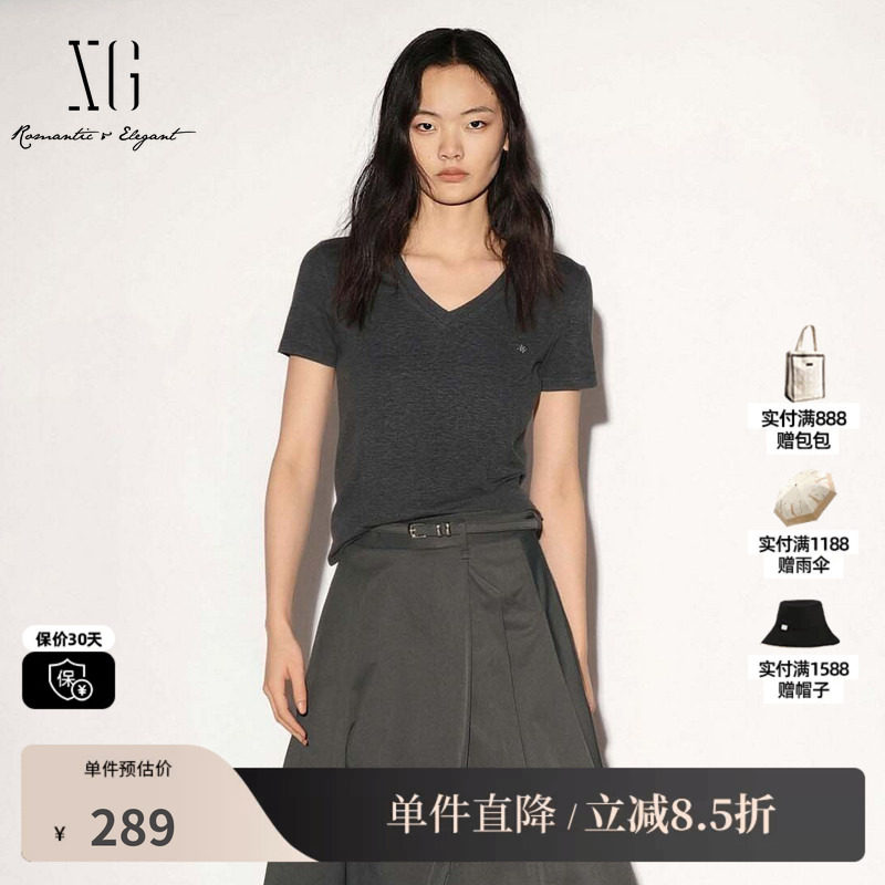XG/雪歌 XM201857A884灰色莱赛尔薄款V领短袖T恤修身软糯上衣女装