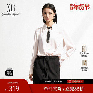 XG雪歌XK121001A151领带装饰长袖衬衫2025春季新款白色翻领上衣女