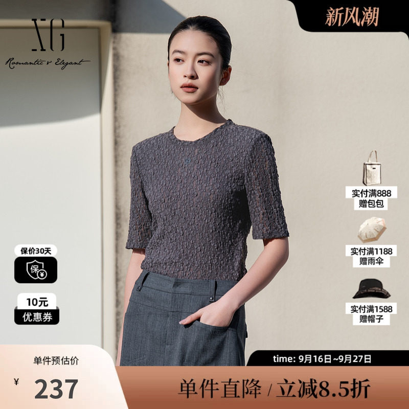 XG/雪歌XL101016A384 镂空短袖T恤圆领中袖套头搭配修身棉感T恤女