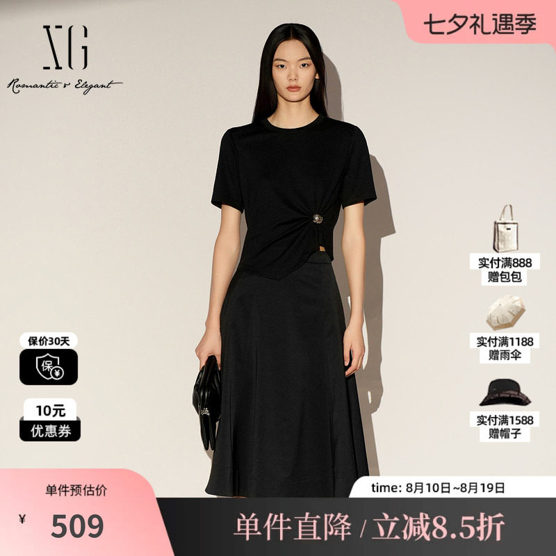 XG/雪歌XL104018A590黑色圆领T恤拼接连衣裙短袖显瘦中长伞裙女装