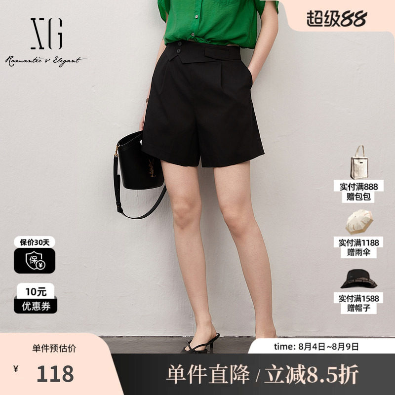 XG/雪歌XJ202054A690黑色通勤休闲裤时尚夏季新款透气直筒短裤女