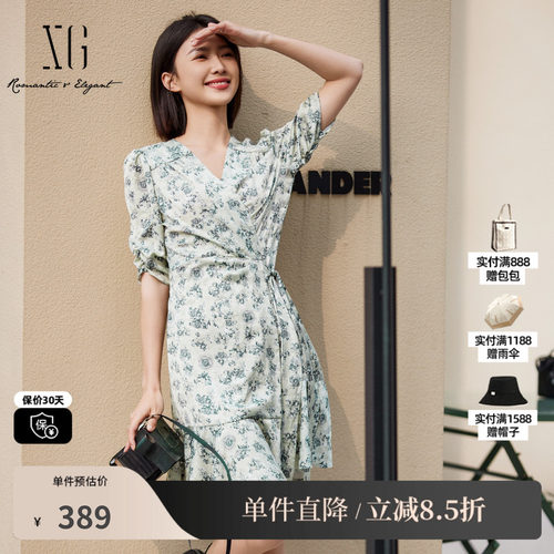 XG/雪歌XK204009B294褶皱碎花短袖连衣裙2025夏季新款系带A字裙女