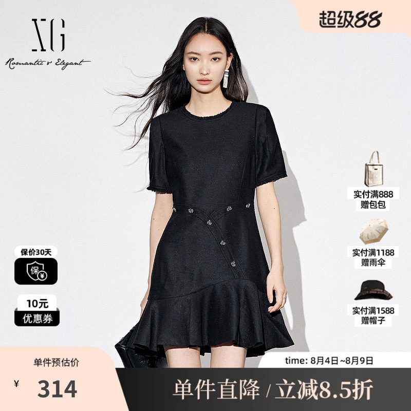 XG/雪歌XJ304006A290黑色短袖连衣裙2025秋季新款荷叶边短裙女装
