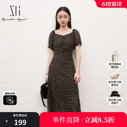 XG雪歌XK204627B806复古碎花短袖连衣裙时尚夏季新款开叉中长裙女