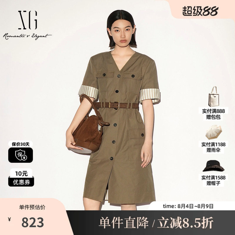 XG/雪歌XL304004B373卡其色棉感V领短袖连衣裙工装风腰带中裙女装