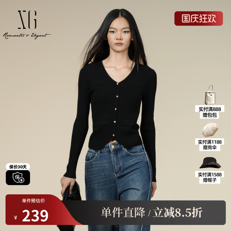 XG/雪歌XK411001A190 黑无领修身设计针织衫通勤长袖打底毛衣女装