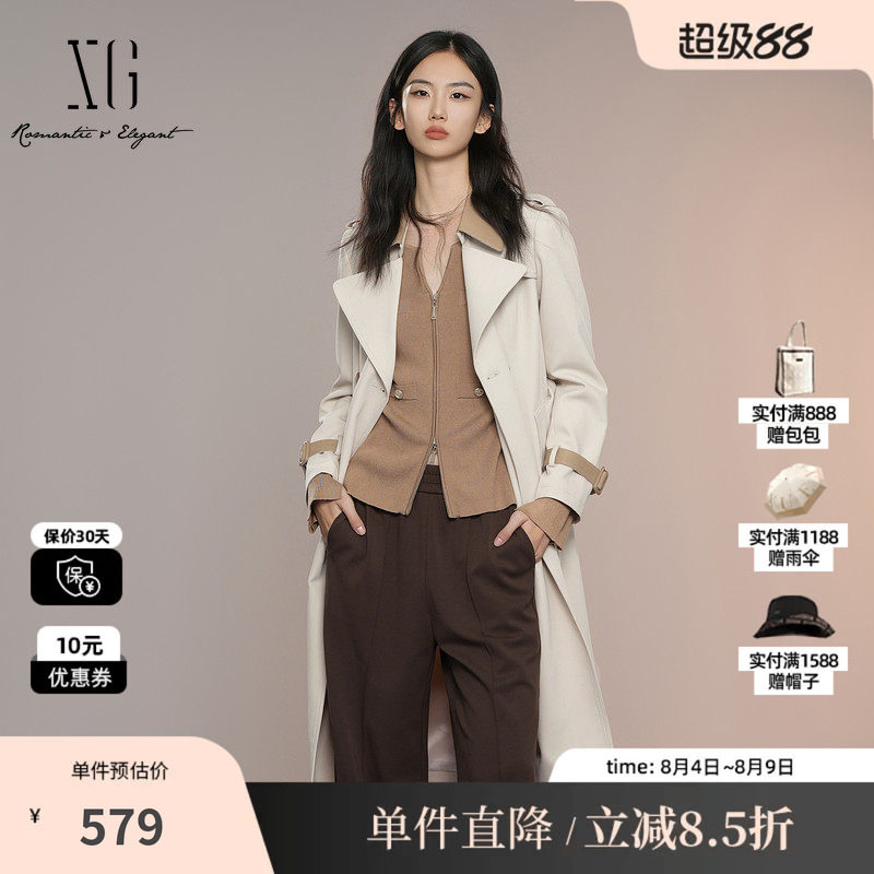 XG雪歌XK308004A460浅米色中长款风衣2025秋季新款长袖翻领外套女