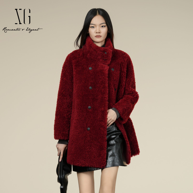 XG/雪歌 XK407002A713红色100%绵羊毛立领皮草毛呢外套一手长女装