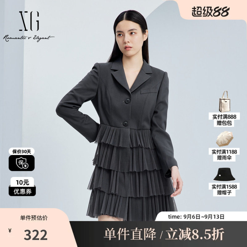XG/雪歌XJ304023A483 深灰网纱拼接连衣裙长袖西装中长蛋糕裙女装