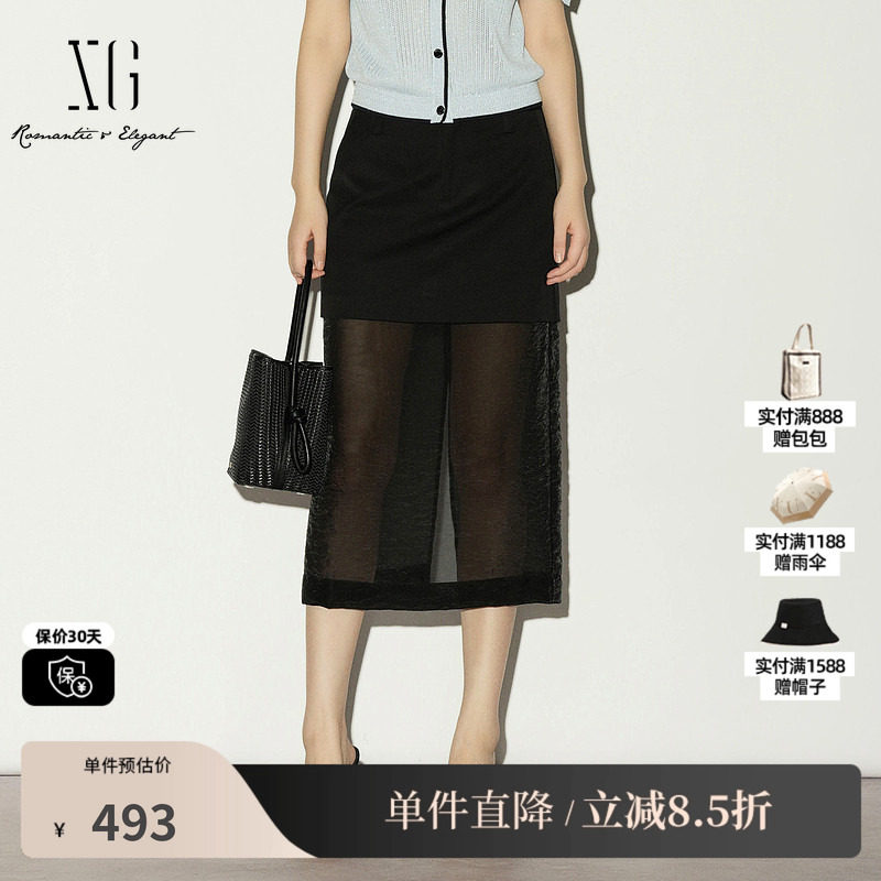 XG/雪歌XL203009A290黑色网纱拼接半身裙中长款透视A字直筒裙女装