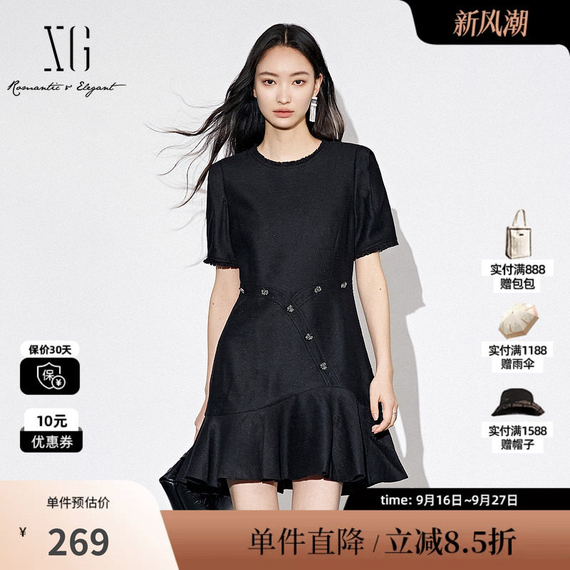 XG/雪歌XJ304006A290黑色短袖连衣裙2025秋季新款荷叶边短裙女装