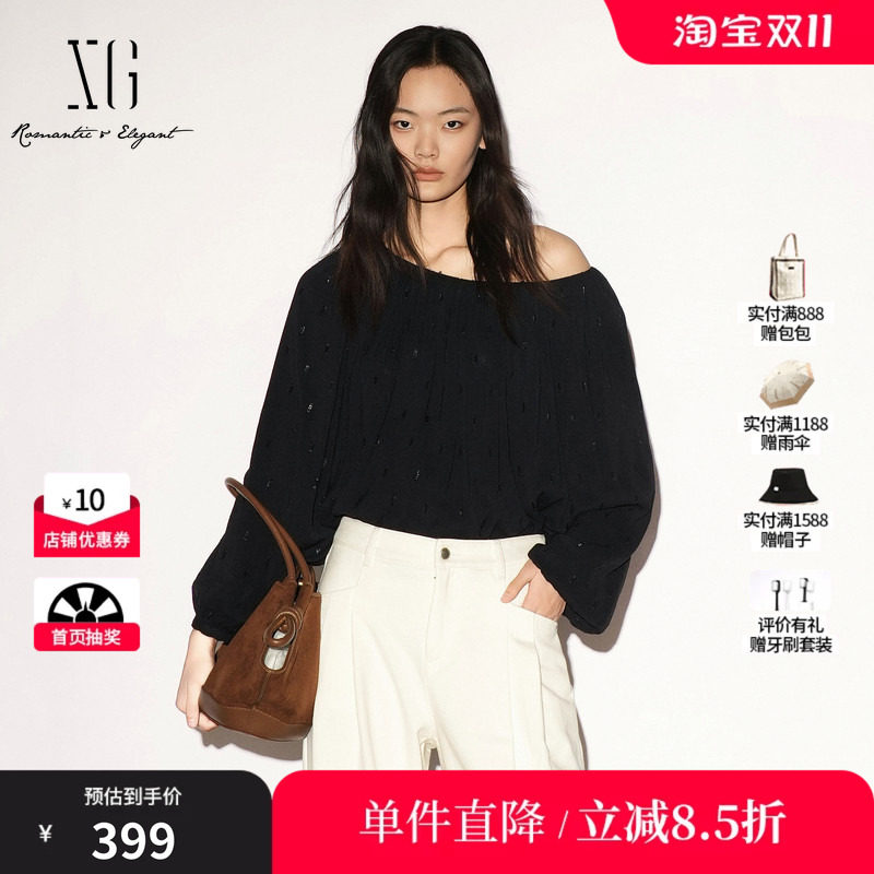 XG/雪歌 XL321002A428藏青色亮片弹力领口长袖衬衫休闲简约宽松女