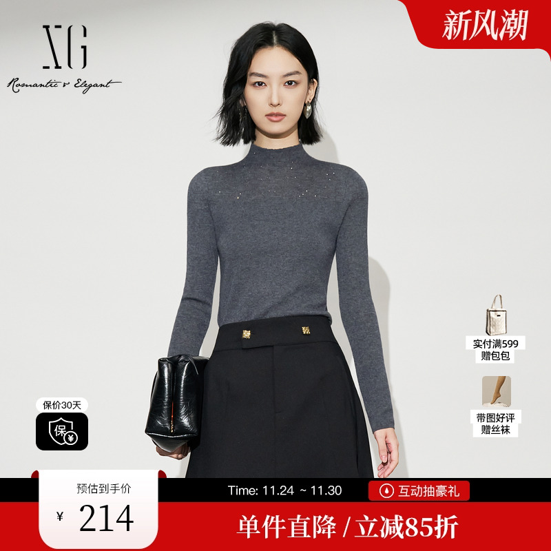 XG雪歌XL411640A884修身长袖毛衣2025冬季新款灰色绵羊毛针织衫女