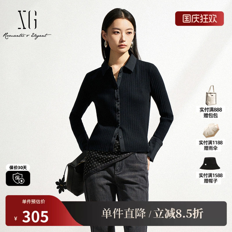 XG/雪歌XL111006A190 修身黑色毛针织衫通勤纽扣毛衣开衫外套女装