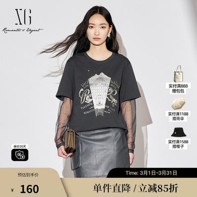 XG/雪歌XJ301007A283纯棉长袖T恤2024秋季新款创意图案拼接上衣女