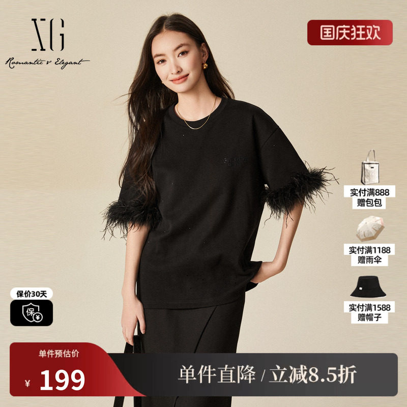 XG/雪歌XJ401060A290毛边袖口长袖T恤时尚冬季新款黑色印花上衣女