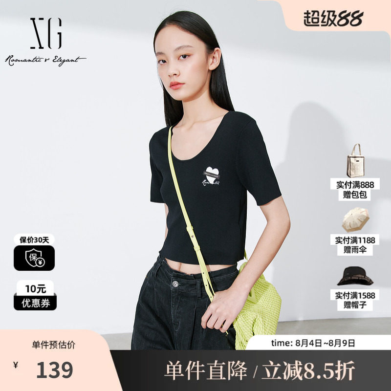 XG雪歌XL111007A490短款黑色毛针织衫2025秋季新款修身套头毛衫女