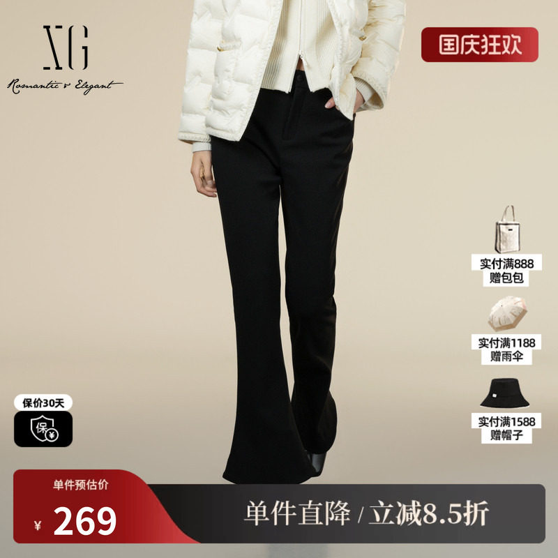 XG/雪歌XK402022A190黑色修身休闲裤2025冬季新款显瘦微喇长裤女